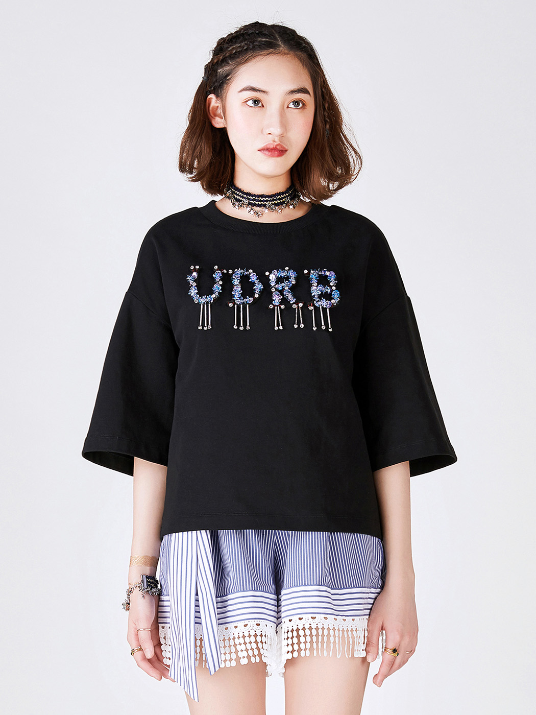UNDORABLE|女|UNDORABLE 黑色UDRB亮片绣珠宽松T恤